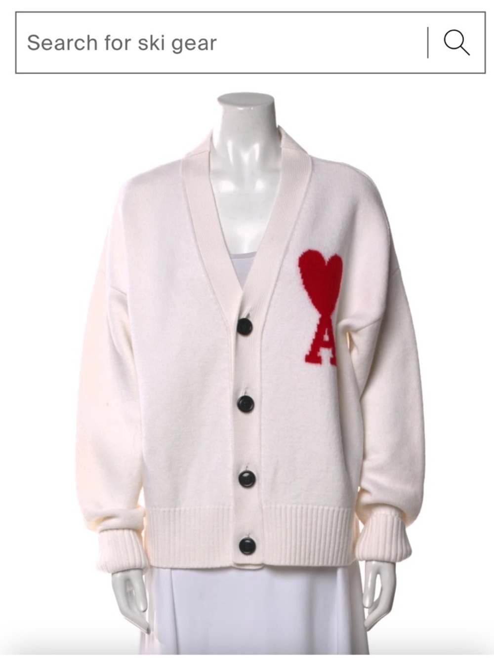 AMI Paris Alexandre Matiussi White Cardigan Sweater with Red Heart 'A' Accent